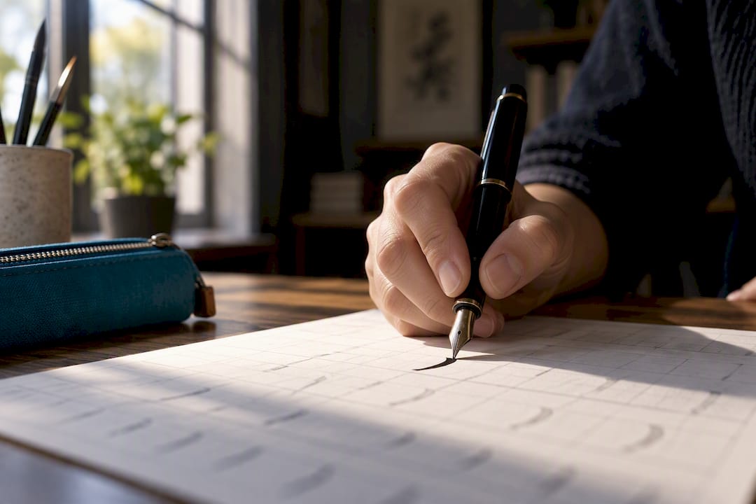 Adult practising Thai handwriting strokes
